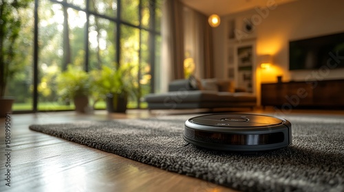 A robotic vacuum cleaner navigating a high-tech smart home.