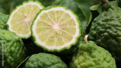 Fresh bergamot in the wooden basket