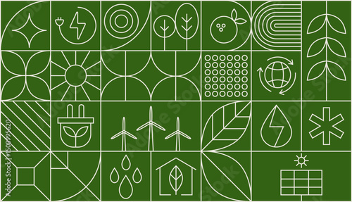 Environment nature abstract modern geometric pattern. Vector green eco-friendly grid ornament with environmental sustainability icons. Plants, trees, water droplets, recycling symbols, leaves, globe.