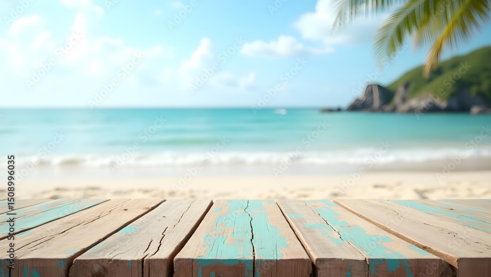 Fototapeta premium Wooden Tabletop with Blurred Ocean and Island Background in Summer Light, Wooden table on the background of the sea, island and the blue sky. Wooden planks extend across the foreground, with a blurry