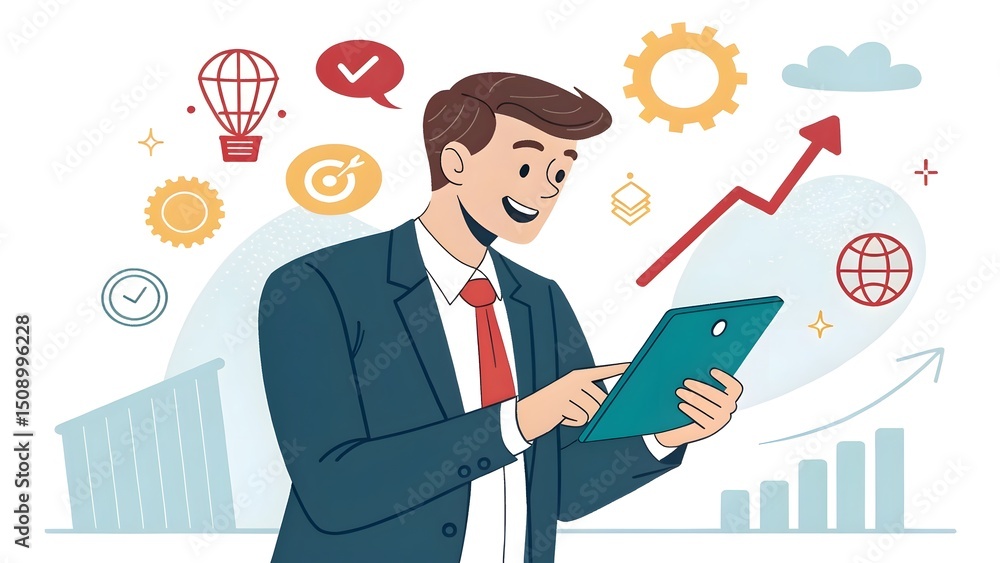 Smiling Businessman with Tablet and Business Icons. Smiling Businessman with Tablet and Business Icons.