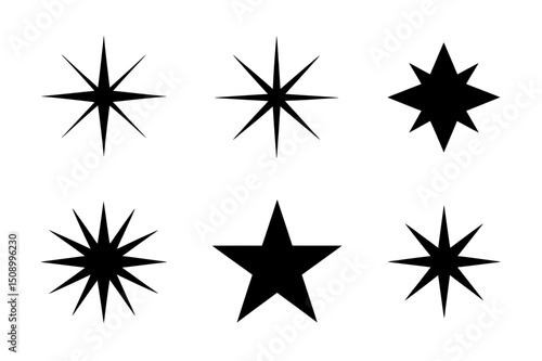 Set of six different black star shapes