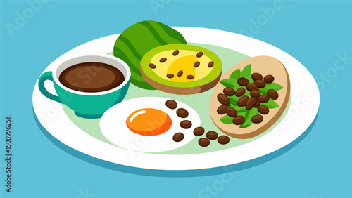 A plate of gallo pinto breakfast presented with slices of avocado and accompanied by a cup of strong locally brewed coffee.. Vector illustration