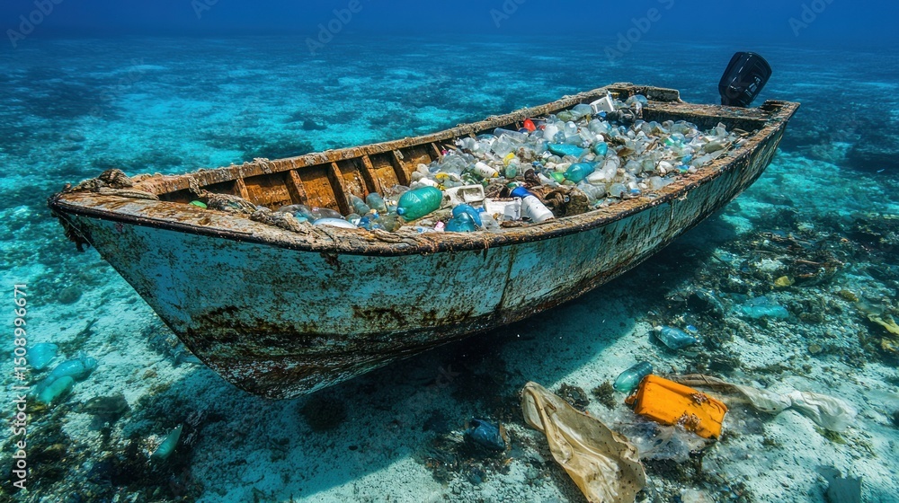 Fototapeta Underwater boat filled with plastic debris.