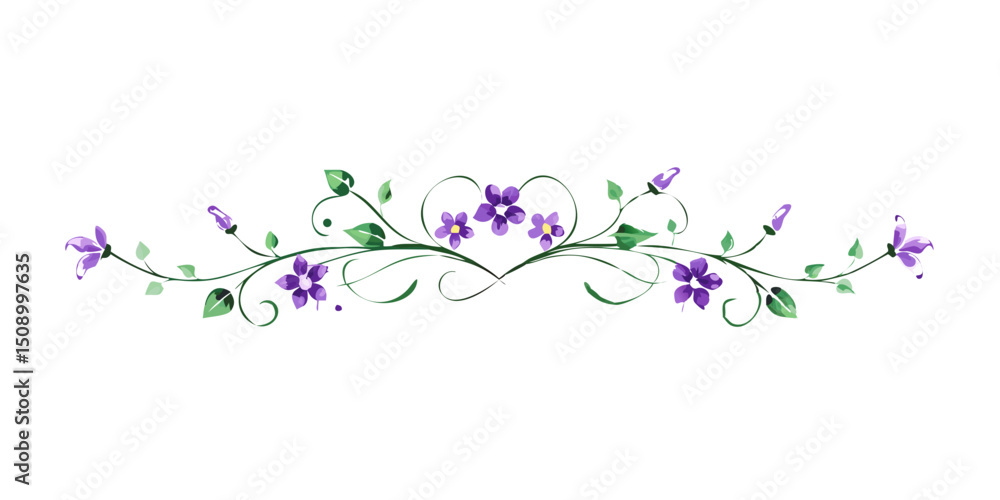 Decorative floral divider with delicate violets and leaves in green Decorative floral divider with delicate violets and leaves in green