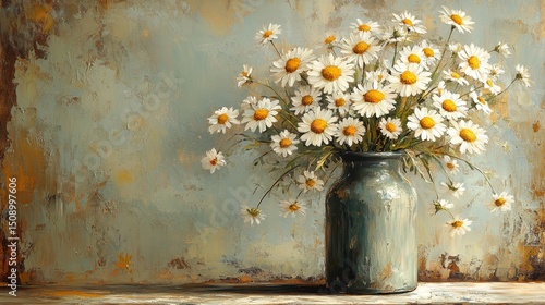 A rustic cottagecore-inspired painting of daisies in a vintage glass vase, with a neutral-toned background and subtle, soft hues of white and yellow, capturing the essence of a quiet, countryside aest