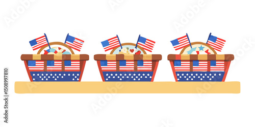 Three picnic baskets with American flags on a wooden shelf  