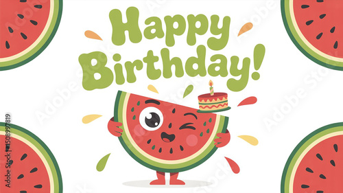 Happy Birthday Watermelon Slice Cartoon Illustration