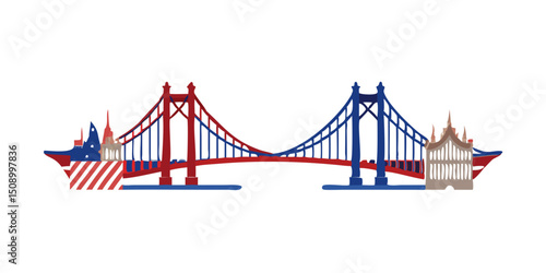 Iconic stylized bridges in red, blue, and white illustration  