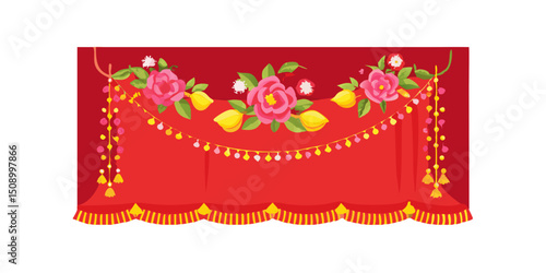 Red floral wedding decoration with hanging beads and tassels  