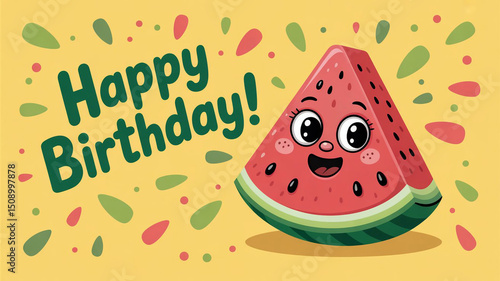 Happy Birthday Watermelon Slice Cute Cartoon Illustration
