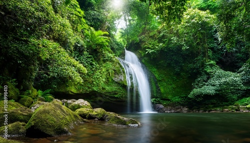 a serene waterfall surrounded by dense foliage and vibrant greenery