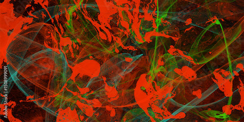 Abstract artwork featuring a blend of red green and teal hues illustrating energy flow movement and dynamics against a dark background