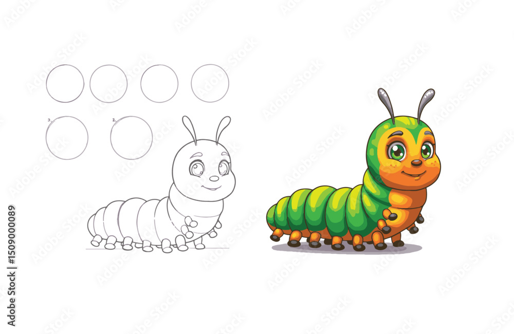 Obraz premium Adorable Cartoon Caterpillar Drawing Tutorial Step-by-Step Guide for Kids