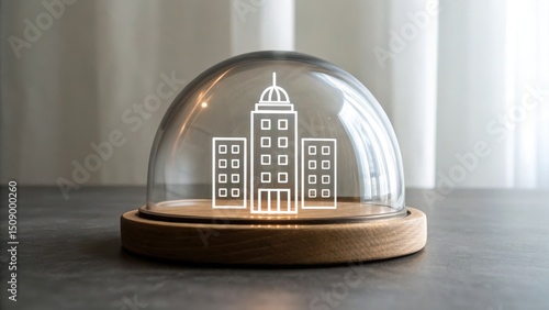A glass dome with a city building icon inside sits on a wooden base, illuminated softly on a dark tabletop background.