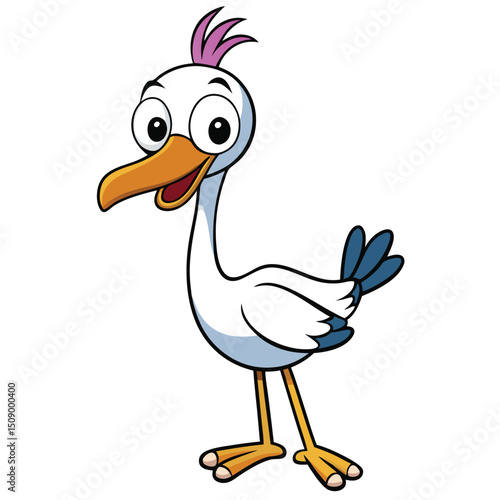 Animated white bird with pink plumage and orange beak stands cheerfully on a white background