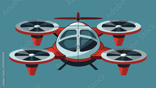 A miniature model of an eVTOL complete with spinning rotors and intricate detailing gives attendees a closer look at the advanced technology behind these aerial vehicles.. Vector illustration