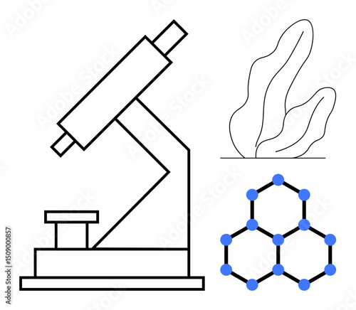 Microscope with hexagonal molecular structure and plant leaf outline representing science, biology, research, laboratory, innovation, education, and discovery. Ideal for scientific presentation