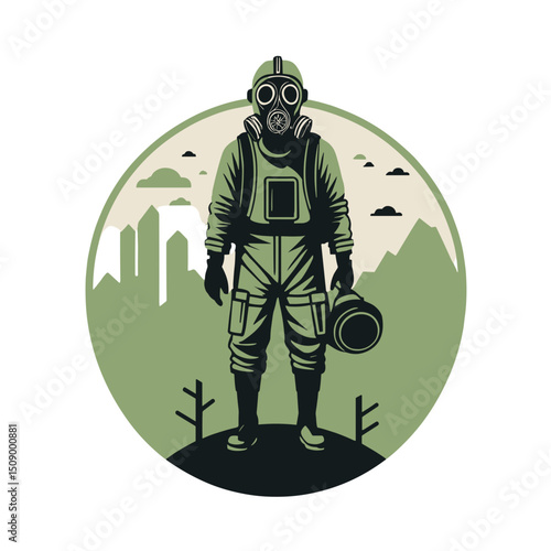 Illustration of a figure in a gas mask standing amidst a post-apocalyptic landscape, symbolizing environmental issues and human impact