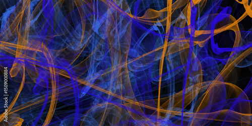 Abstract artistic design featuring interwoven flowing lines in shades of blue and orange against a dark backdrop suitable for graphic design and visual elements.