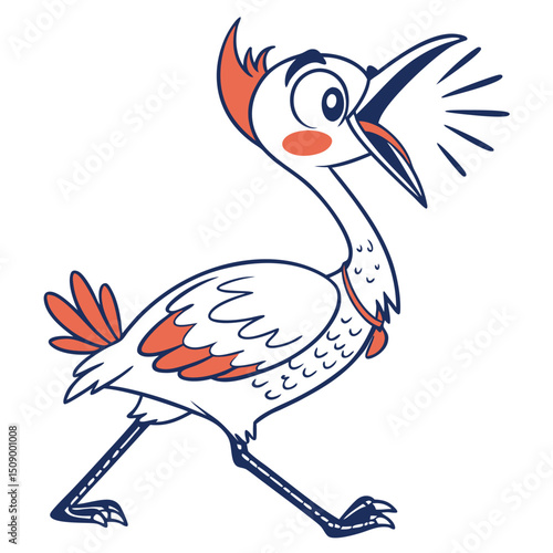 Animated cartoon bird is walking rapidly, with open beak singing with fervor