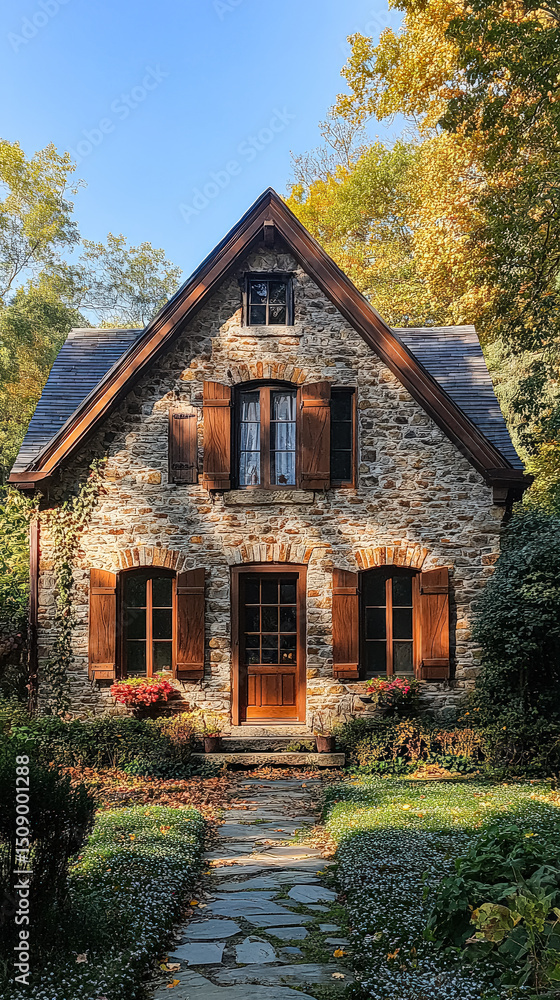 Obraz premium Small house with a stone roof and a stone walkway