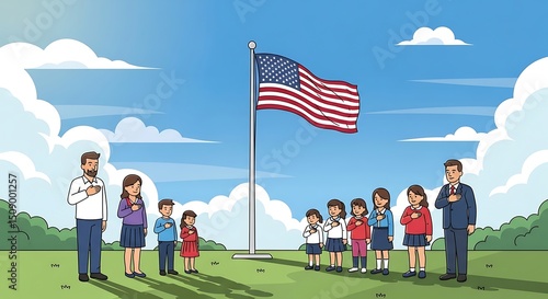Patriotic Illustration Children and Adults Pledge Allegiance to the American Flag
