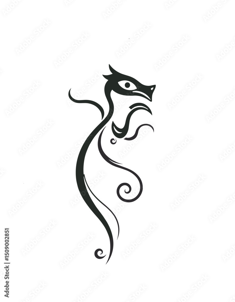 Naklejka premium Minimalist black and white illustration of a stylized dragon with flowing lines and elegant features