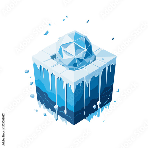 3D illustration of an ice block with a geometric shape melting and dripping water