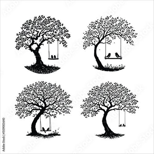 Silhouette tree with swing and birds vector illustration design for wall art and decoration print 100 char