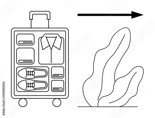 Open suitcase showcasing neatly arranged items including shoes and shirt, forward arrow, and abstract leafy element. Ideal for travel, organization, packing tips, vacation planning, minimalism
