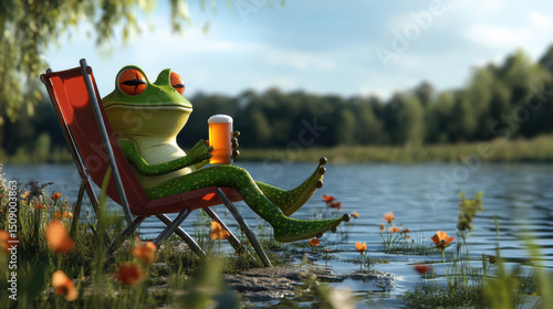 relaxing Frog sits on his lawn chair