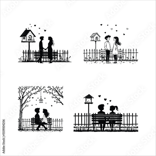 Couple in love silhouette vector art illustration romance valentines day lovebirds park scene design drawing