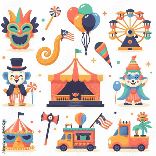 Whimsical carnival scene with rides tents clowns  trucks in a vibrant flat vector illustration
