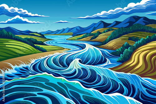 Amazing Waves of water of the river and the sea meet each other during high tide and low tide background
