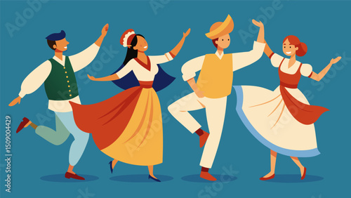 A group of dancers dressed in traditional costumes performing a lively baile folkl rico.. Vector illustration