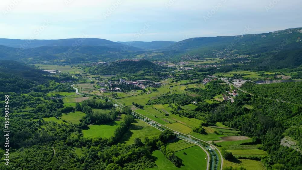 Drone view of Buzetski canyon on the Seven Waterfalls Trail near Buzet and Selca, Istria. Deep gorge, lush forest, river, and scenic hiking paths in pristine Croatian nature Drone view of Buzetski canyon on the Seven Waterfalls Trail near Buzet and Selca, Istria. Deep gorge, lush forest, river, and scenic hiking paths in pristine Croatian nature