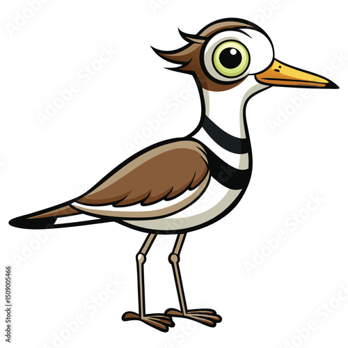 Cartoon Killdeer with Brown Feathers, White Chest, Black Neck Band, and Yellow Beak Stands Calmly
