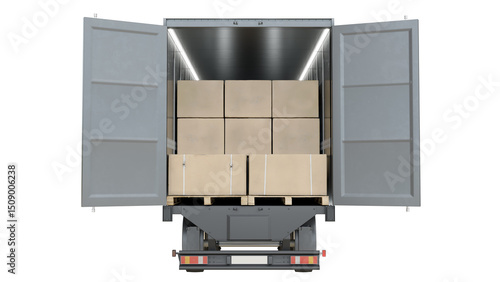 Rear view of a shipping truck trailer fully loaded with palletized boxes. Isolated on transparent background. 3D illustration.