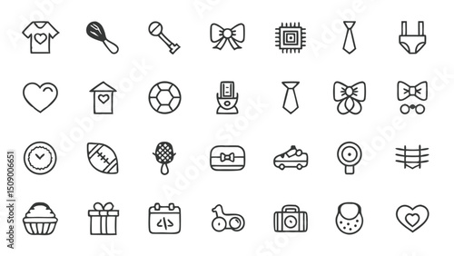 Baby icons vector set, baby shower elements, baby clothes, toys and accessories outline style vector design