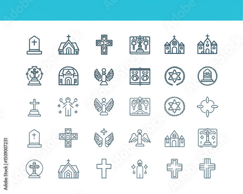 Religious icons vector set church cross angel tombstone synagogue star of david symbols outline style