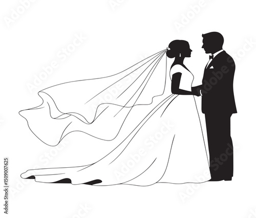 Elegant Silhouette of a Bride and Groom A Timeless Wedding Illustration