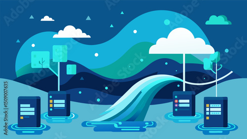 A digital ocean with streams of data waves flowing from one data center to another through undersea fiber optic cables.. Vector illustration