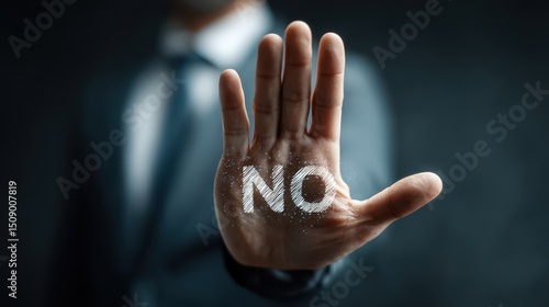 A business professional in a suit displays an open hand with the word 'NO' written across the palm, conveying a strong refusal during a discussion in an office