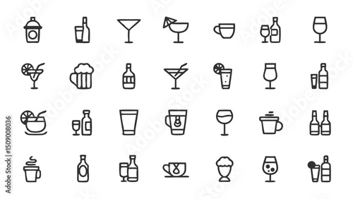Line art drinks icons set vector illustration of various beverages and cocktails for bar menu design