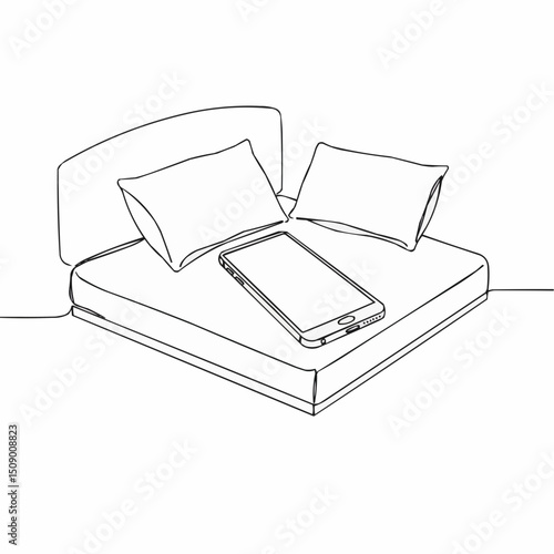 A Minimalist Line Drawing of a Bed with Pillows and a Phone