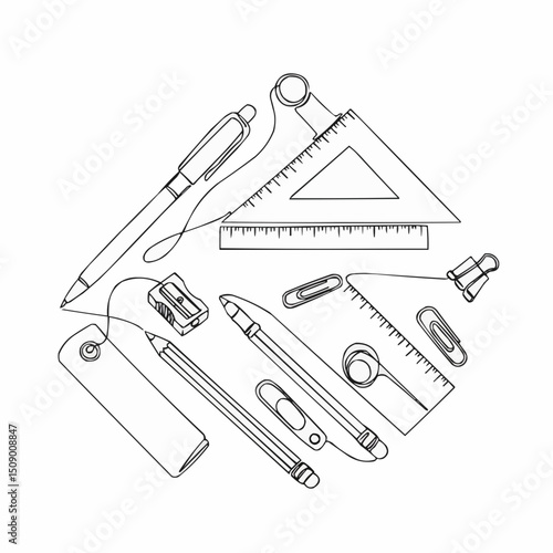 A collection of stationery supplies arranged in a diamond shape, drawn with elegant black lines. The image features various tools such as pens, pencils, rulers, and clips