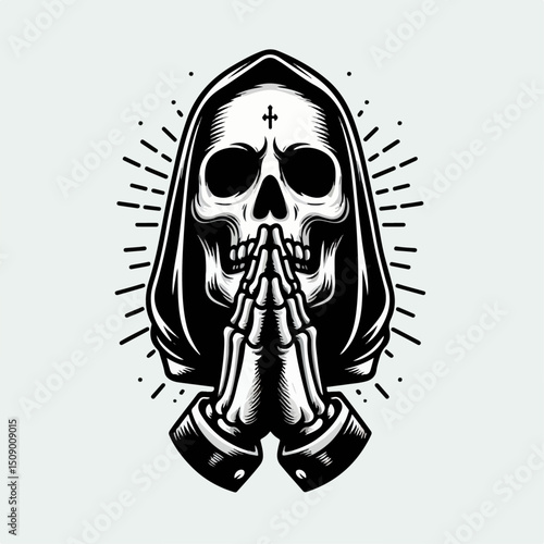 illustration of a skull with praying hands