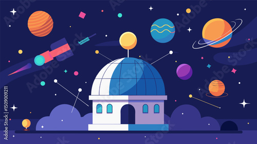 A celestial observatory where data is visualized as stars and galaxies and users can take a journey through the vast expanse of knowledge.. Vector illustration
