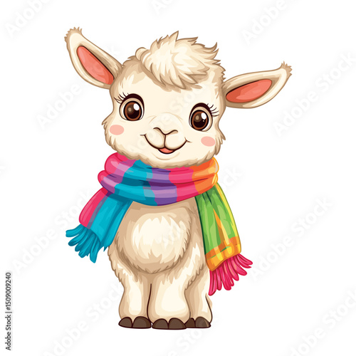 cute little lama with colorful scarf isolated vector illustration